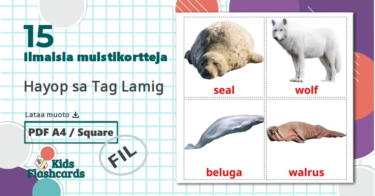 15 Hayop sa Tag Lamig lasten kuvakortit