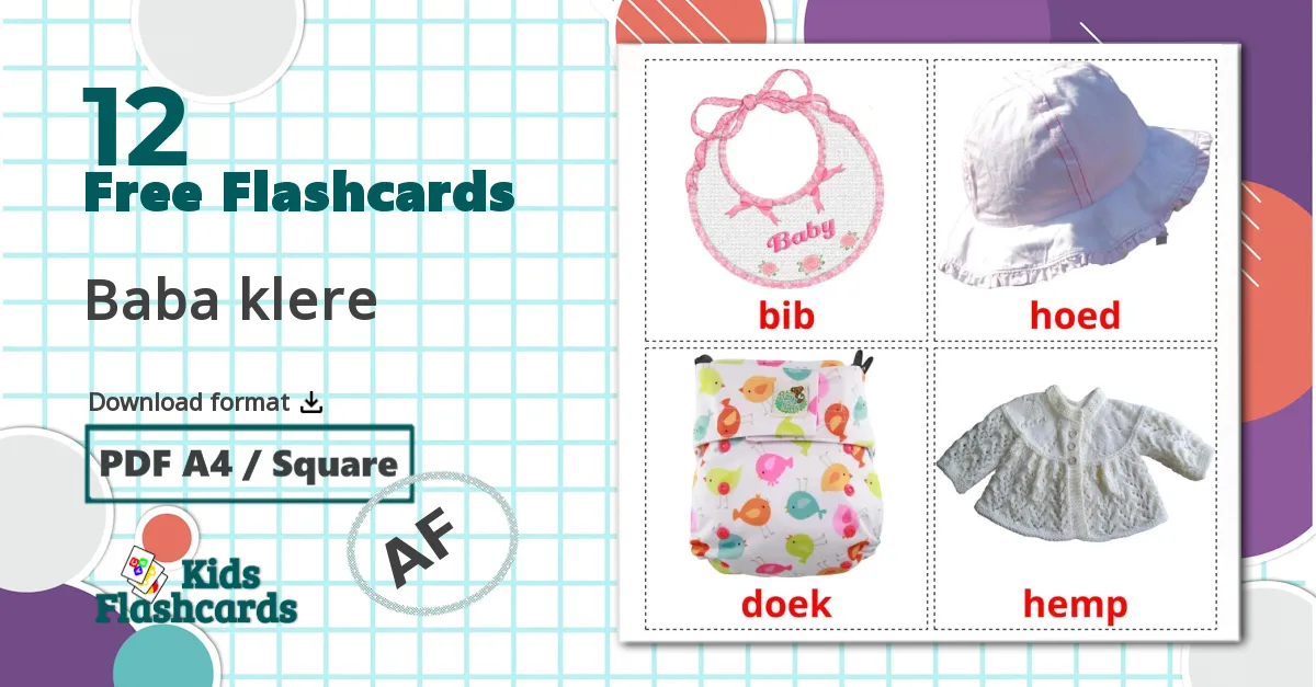 Baby clothes - afrikaans vocabulary cards