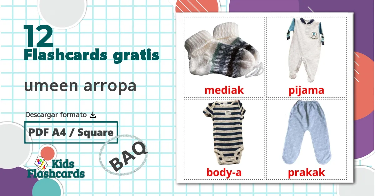 12 tarjetas didacticas de Ropa de Niños