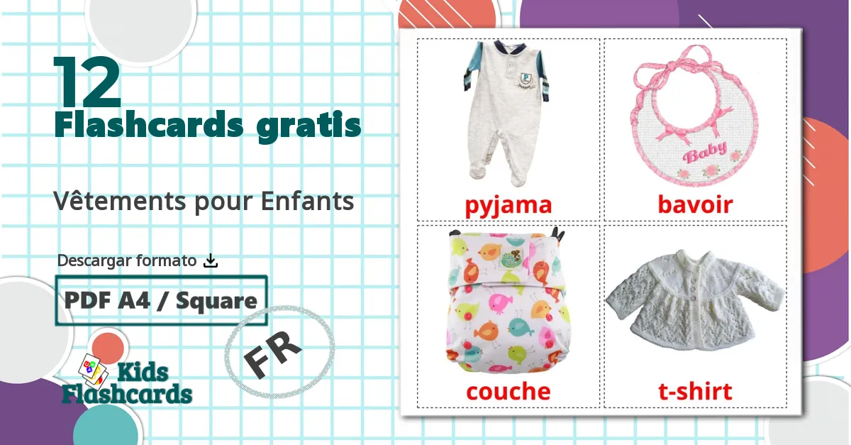 12 tarjetas didacticas de Vêtements pour Enfants