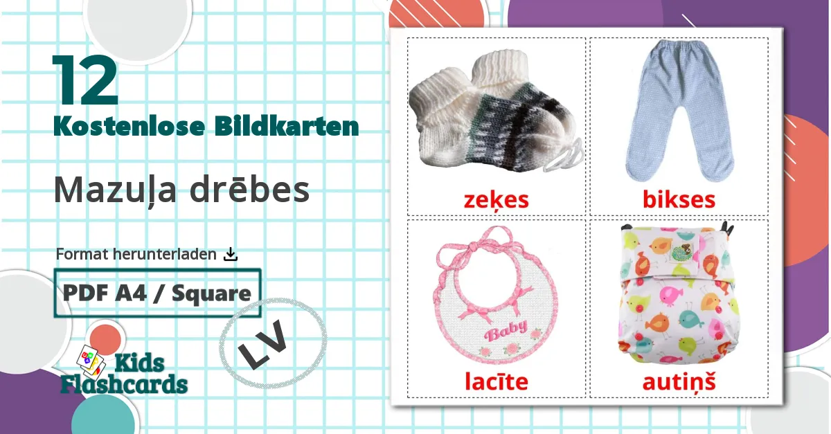 12 Bildkarten für Mazuļa drēbes