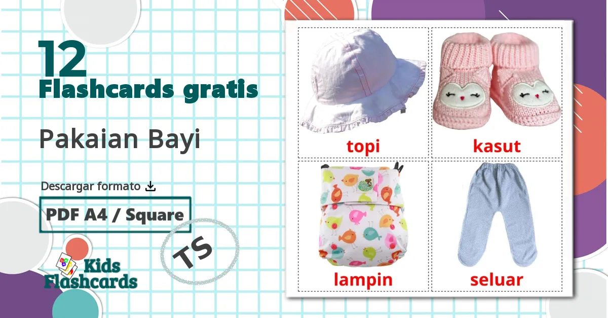 12 tarjetas didacticas de Pakaian Bayi