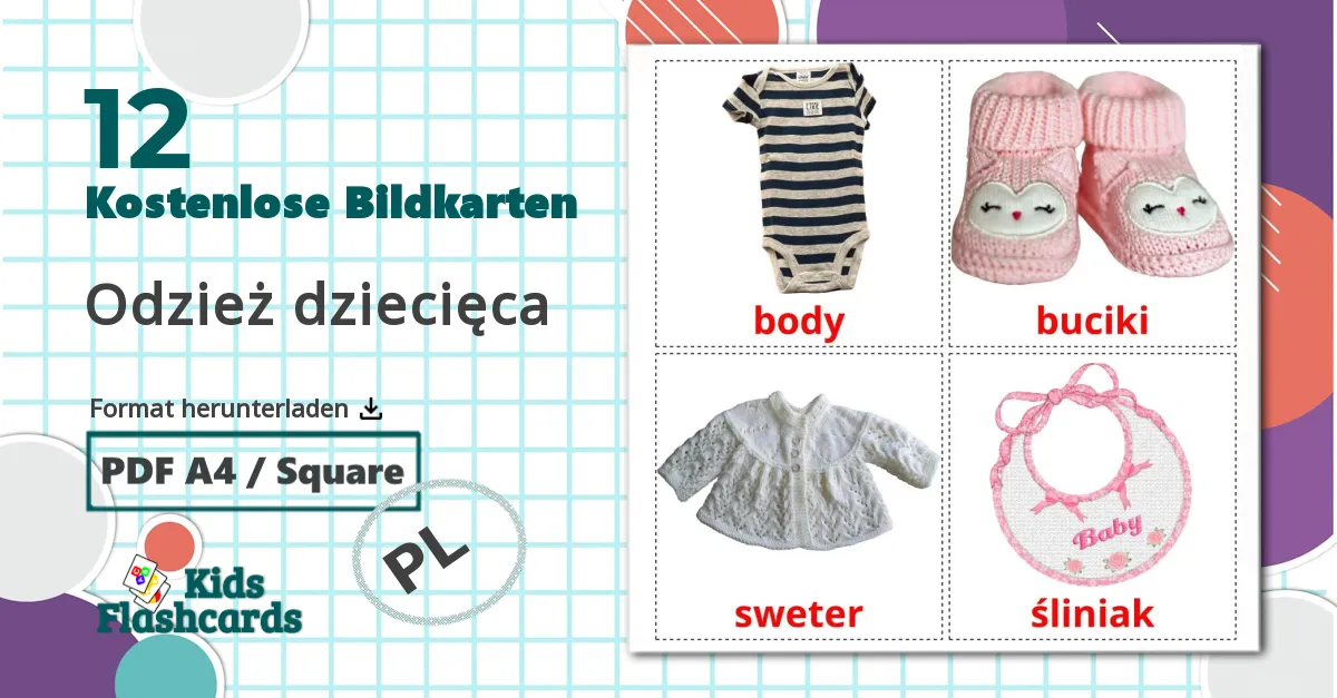 12 Bildkarten für Odzież dziecięca