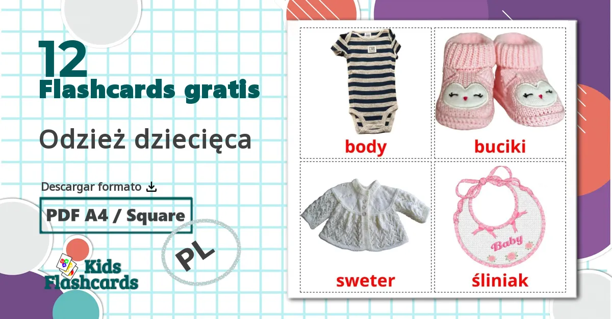 12 tarjetas didacticas de Odzież dziecięca