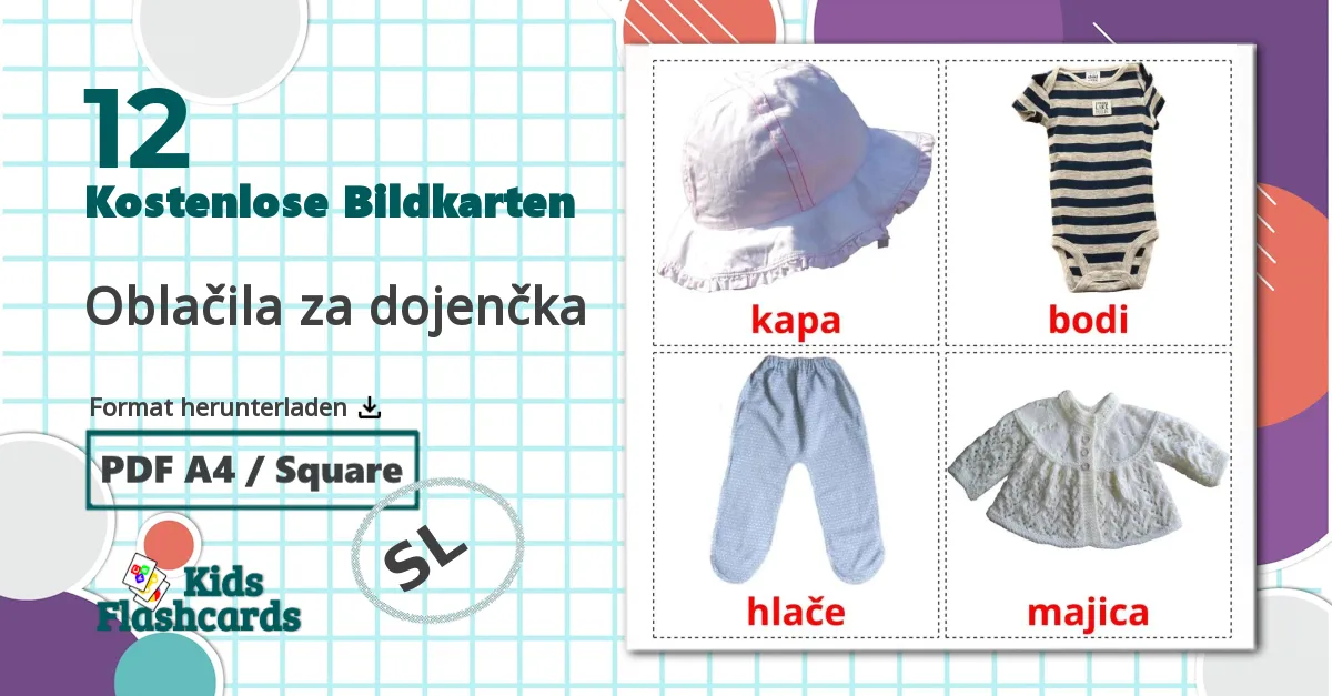 12 Bildkarten für Oblačila za dojenčka