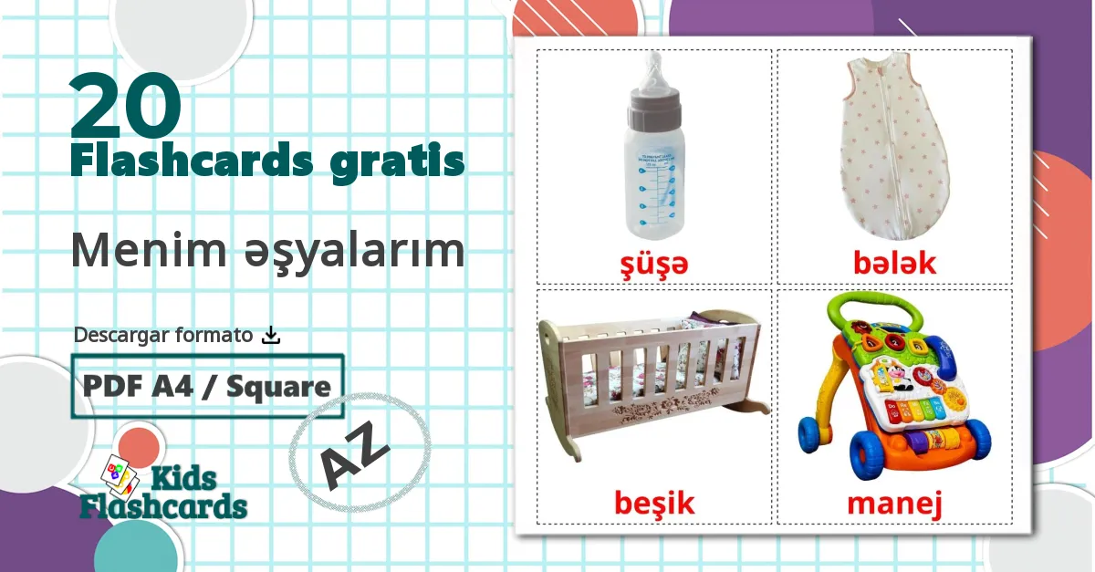 Cosas de bebés - tarjetas de vocabulario en azerbaiyano