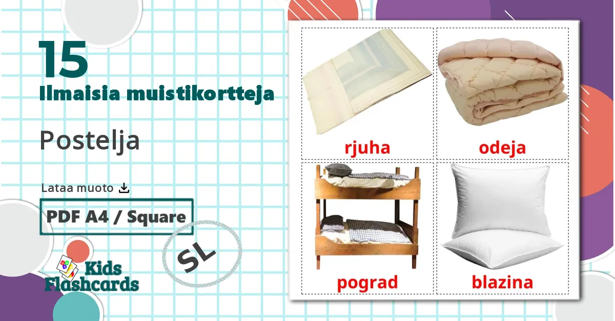 15 Postelja lasten kuvakortit