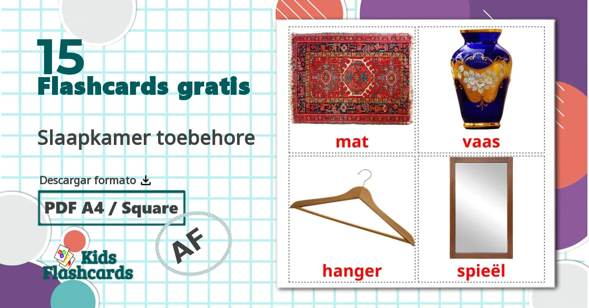 Accesorios de Dormitorio - tarjetas de vocabulario en afrikáans