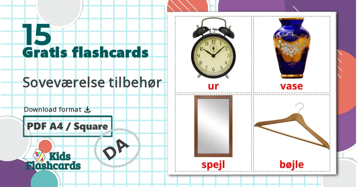 15 Soveværelse tilbehør billedkort for børn