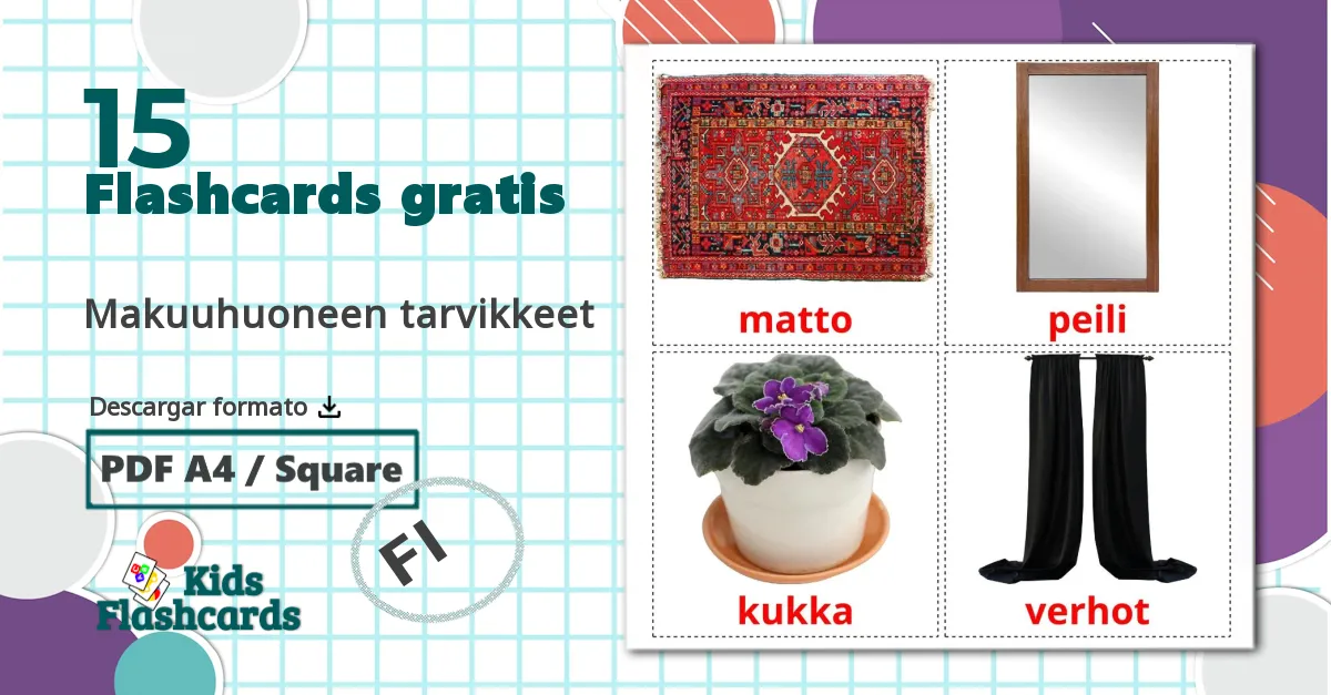 15 tarjetas didacticas de Makuuhuoneen tarvikkeet