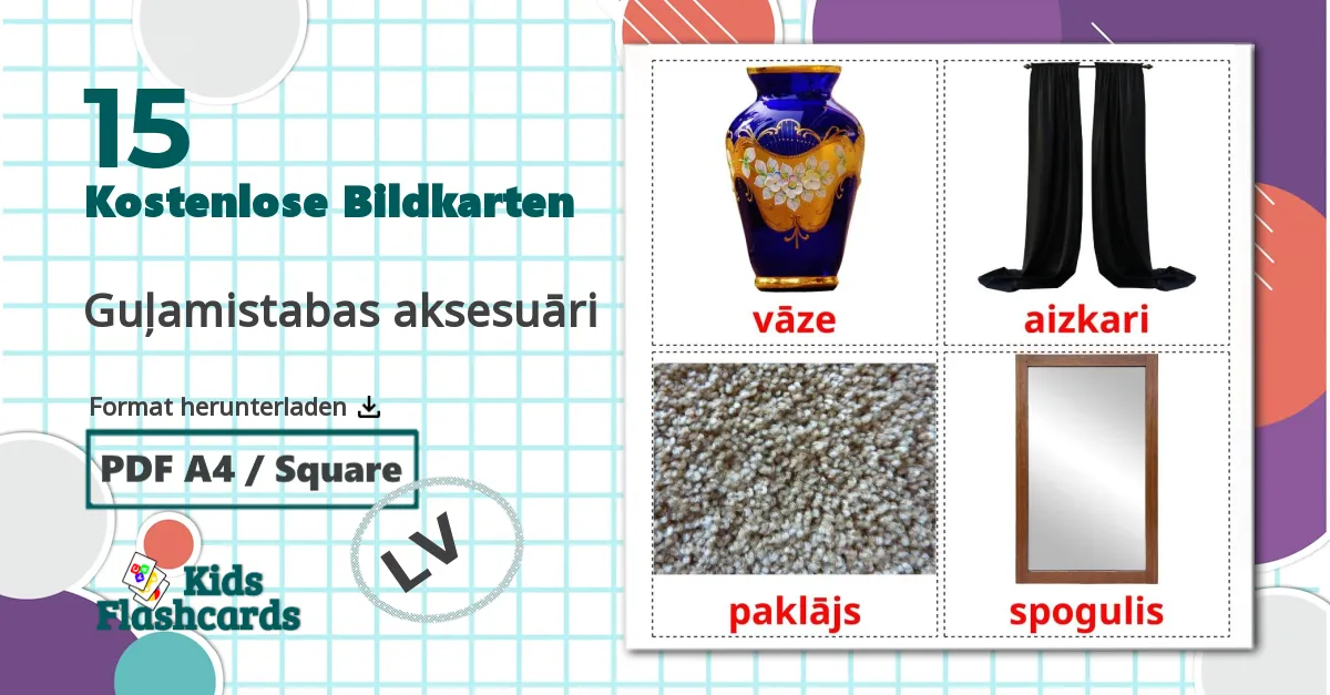 15 Bildkarten für Guļamistabas aksesuāri