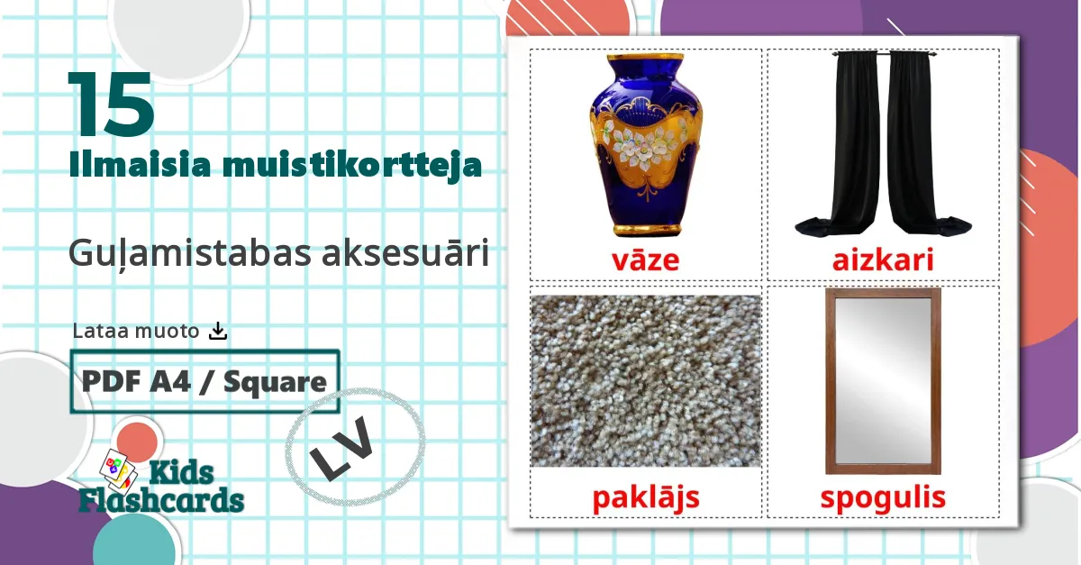 15 Guļamistabas aksesuāri lasten kuvakortit
