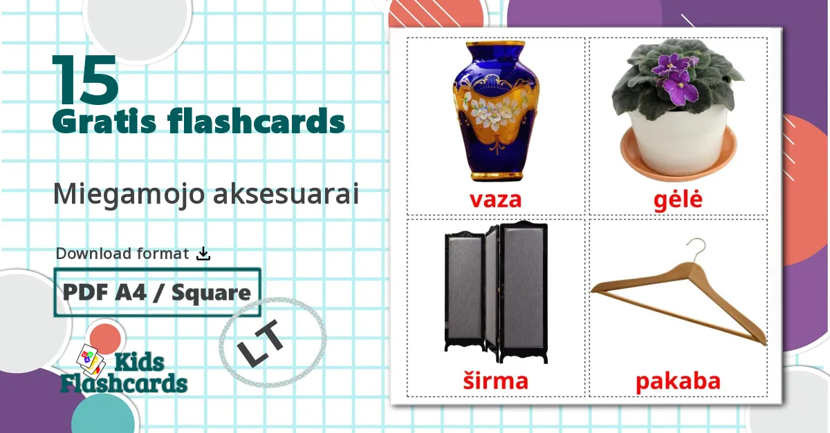 15 Miegamojo aksesuarai billedkort for børn