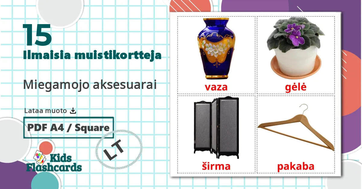 15 Miegamojo aksesuarai lasten kuvakortit