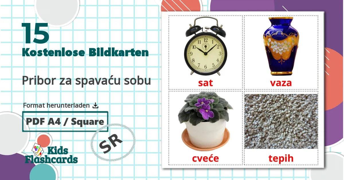 15 Bildkarten für Pribor za spavaću sobu