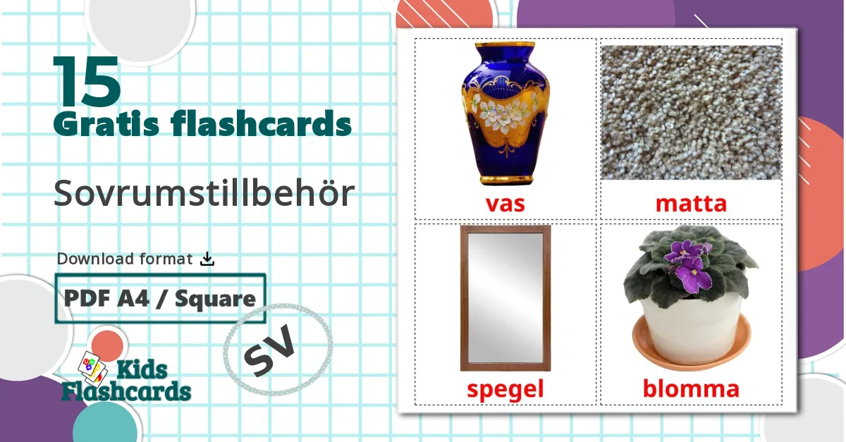 15 Sovrumstillbehör billedkort for børn