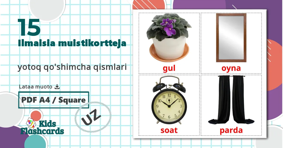 15 Makuuhuoneen tarvikkeet lasten kuvakortit