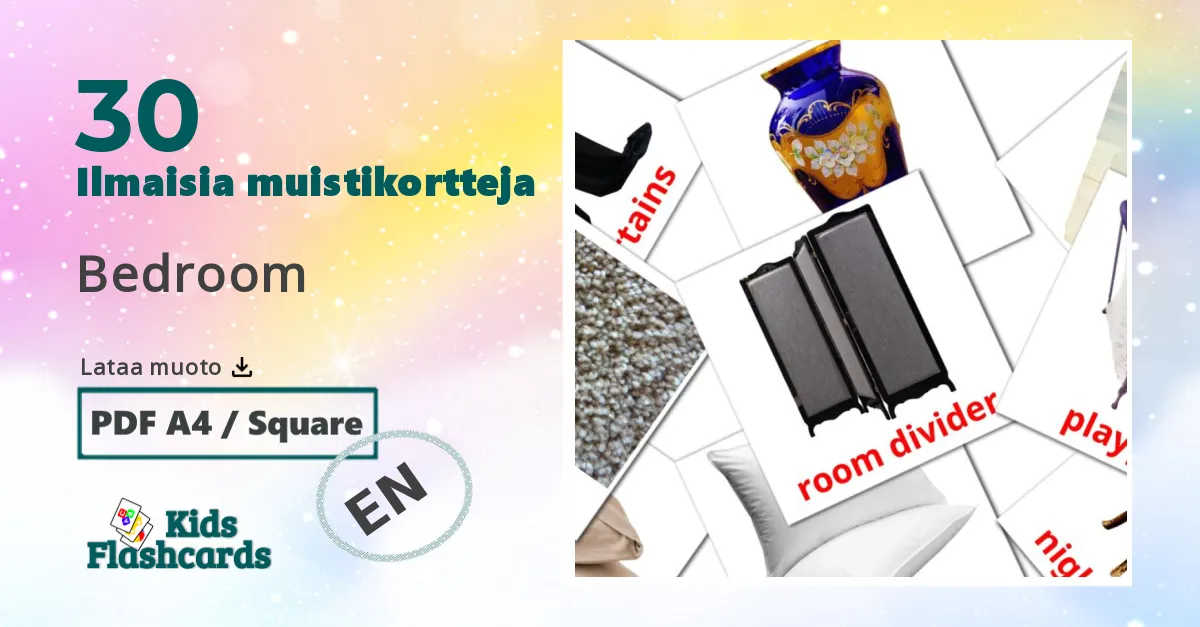 Bedroom – lasten kuvakortit englantiksi sanastoon