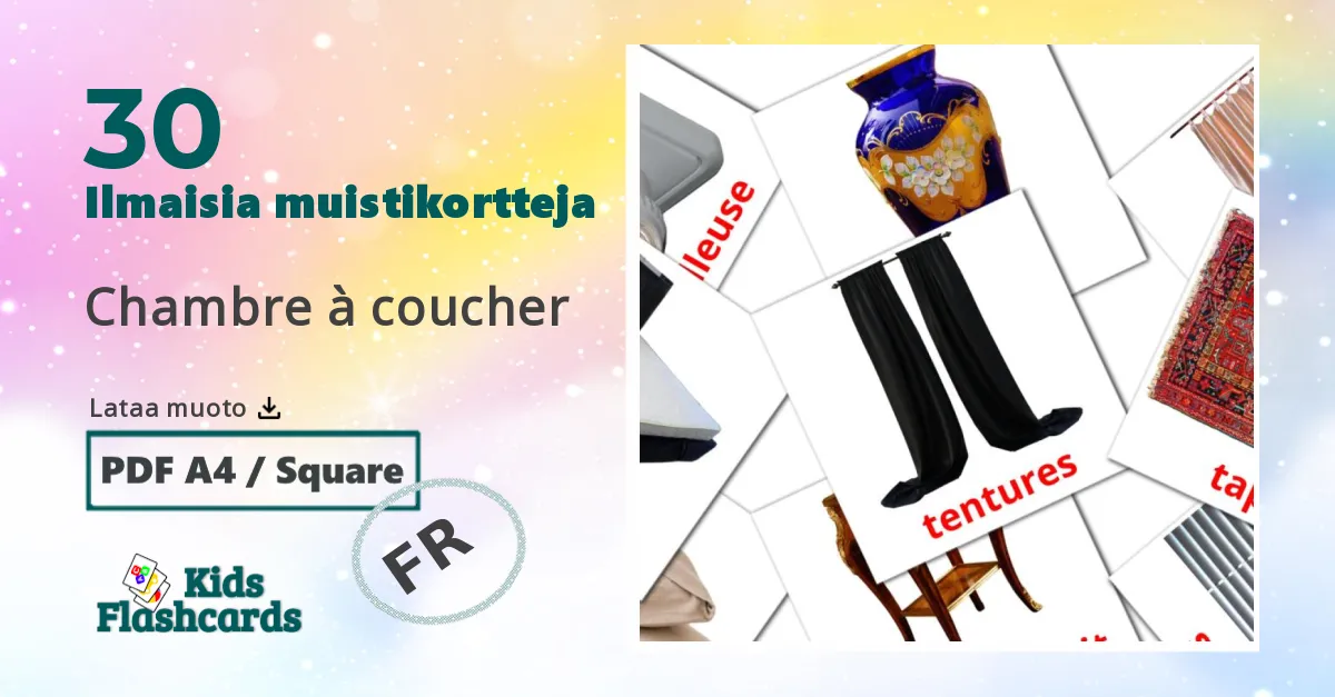Chambre à coucher – lasten kuvakortit ranskalaiseksi sanastoon