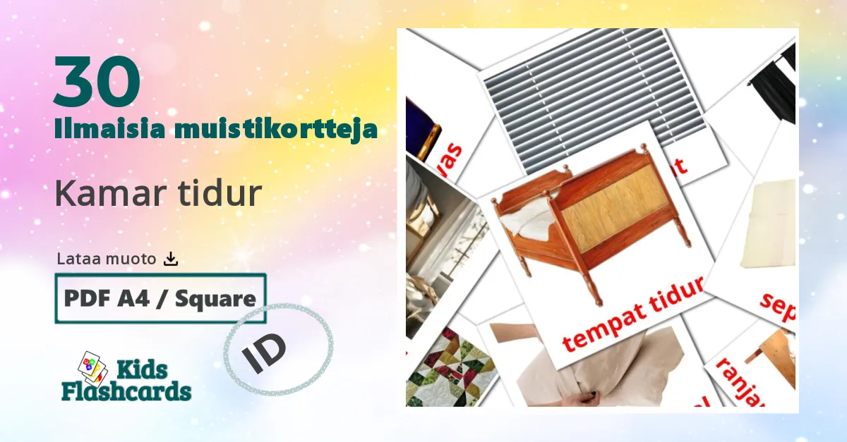 Kamar tidur – lasten kuvakortit indonesialaiseksi sanastoon