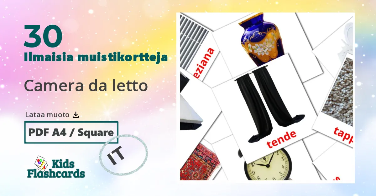 Camera da letto – lasten kuvakortit italialaiseksi sanastoon