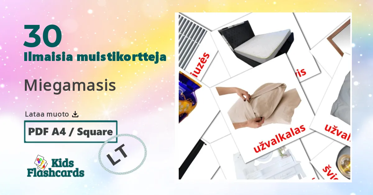 Miegamasis – lasten kuvakortit liettuanksi sanastoon