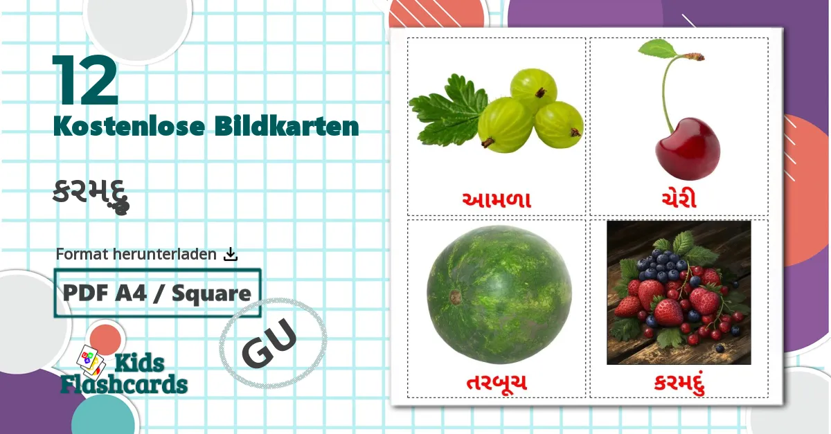 12 Bildkarten für કરમદું