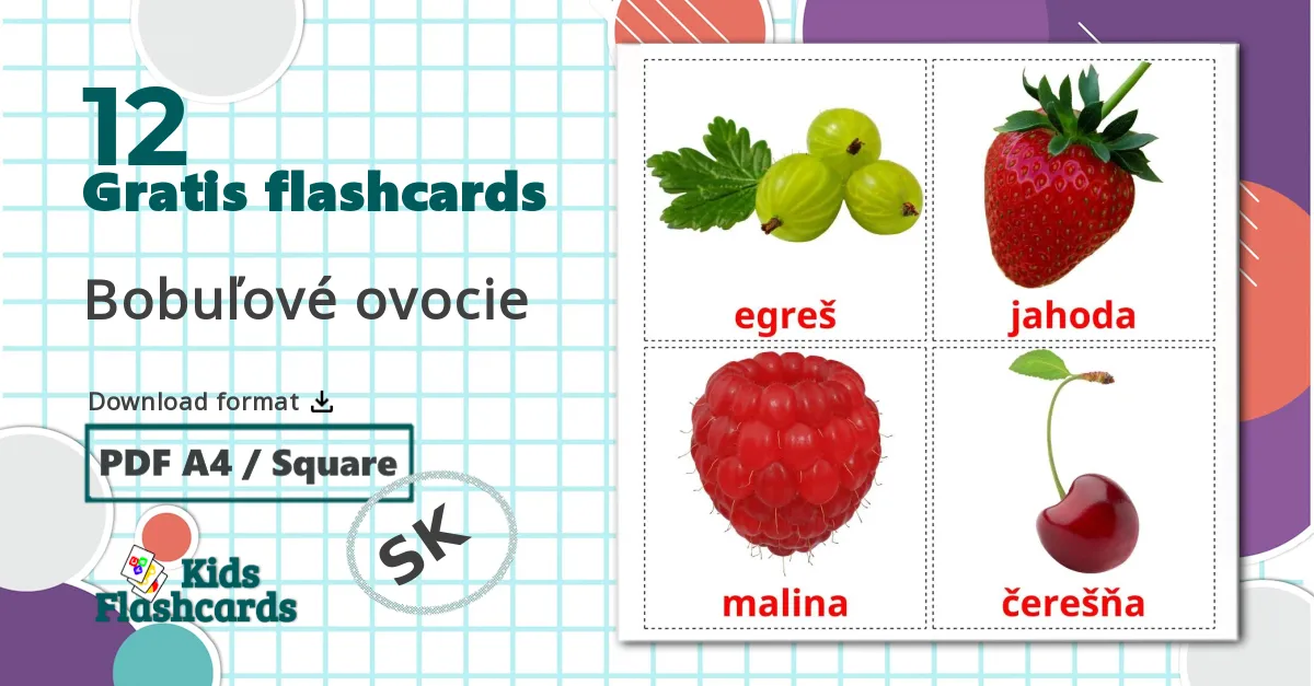 12 Bobuľové ovocie billedkort for børn