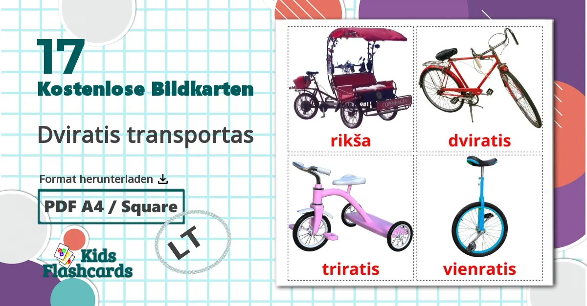 17 Bildkarten für Dviratis transportas