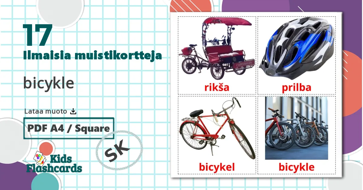 17 bicykle lasten kuvakortit