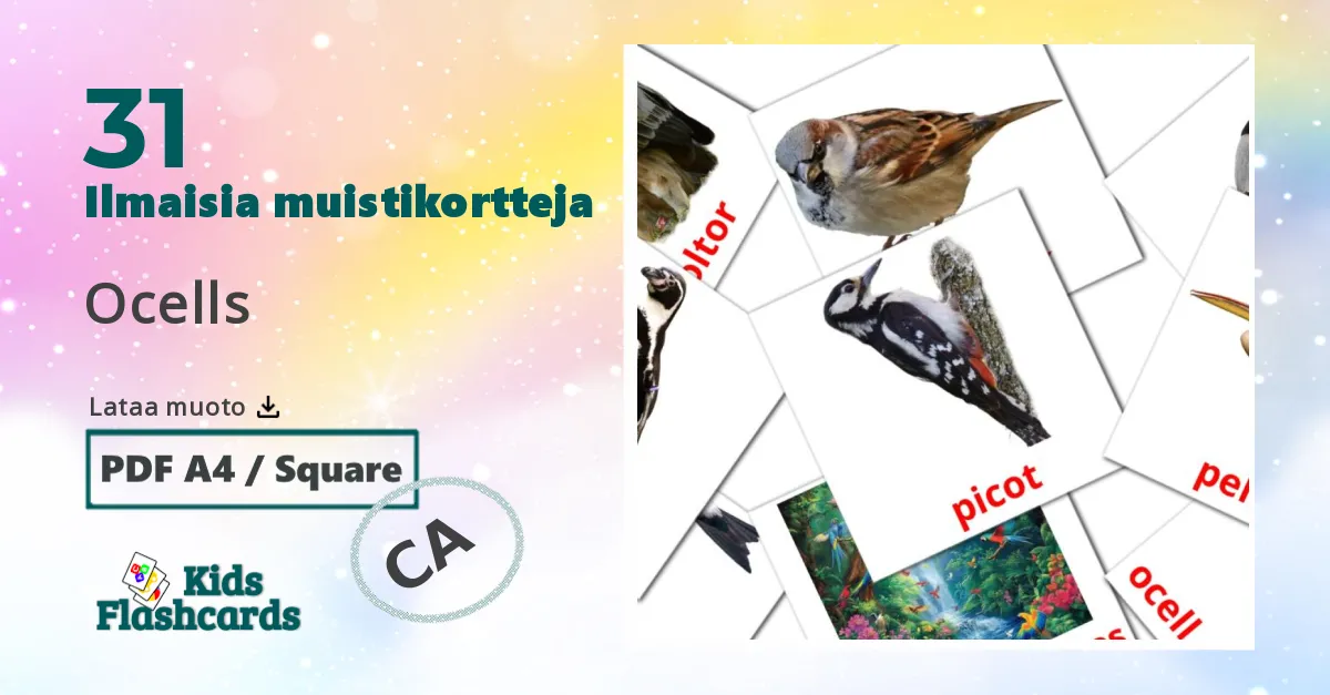 Ocells – lasten kuvakortit catalanksi sanastoon