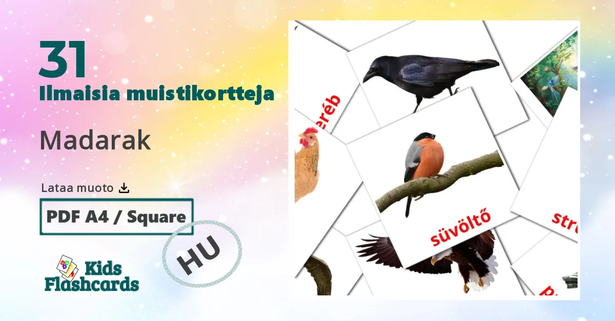 Madarak – lasten kuvakortit unkariksi sanastoon