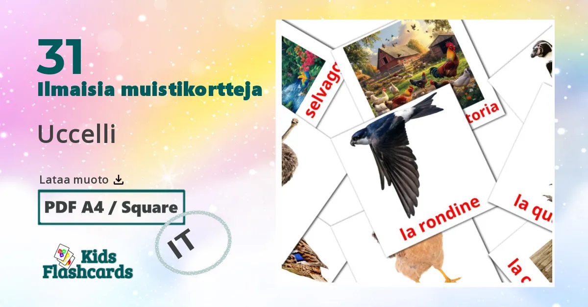 Uccelli – lasten kuvakortit italialaiseksi sanastoon