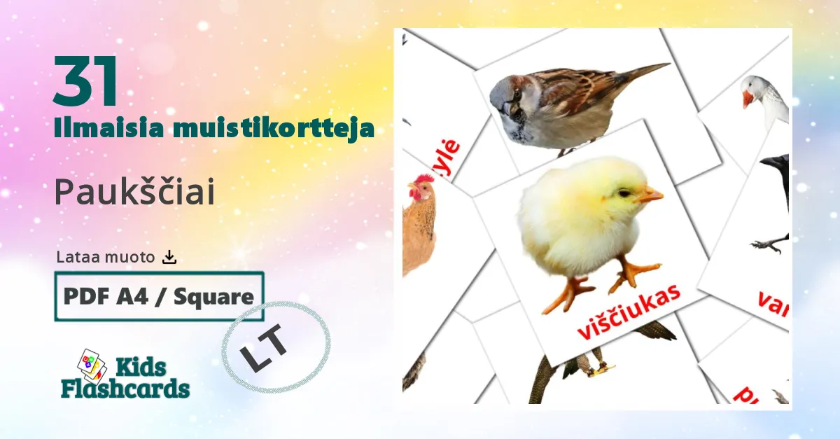 Paukščiai – lasten kuvakortit liettuanksi sanastoon