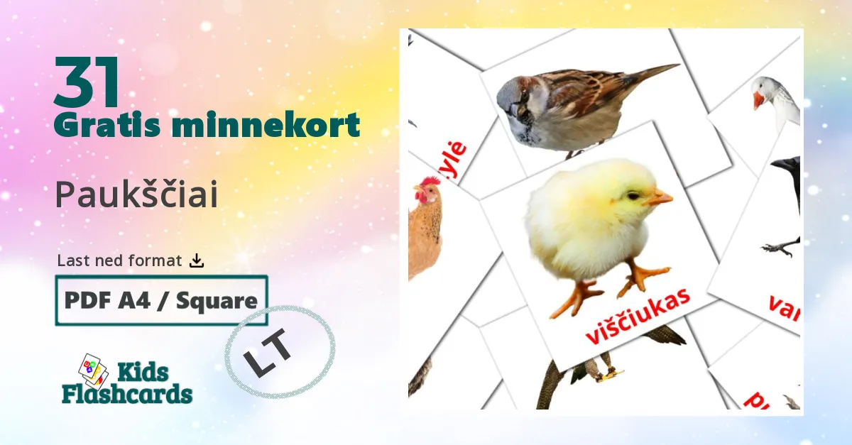 Paukščiai bildekort for barn på litauisk