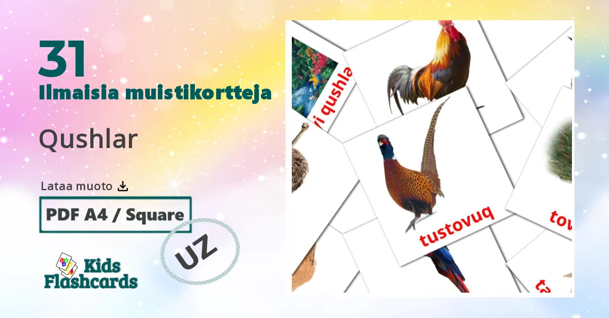 Qushlar – lasten kuvakortit uzbekkiksi sanastoon