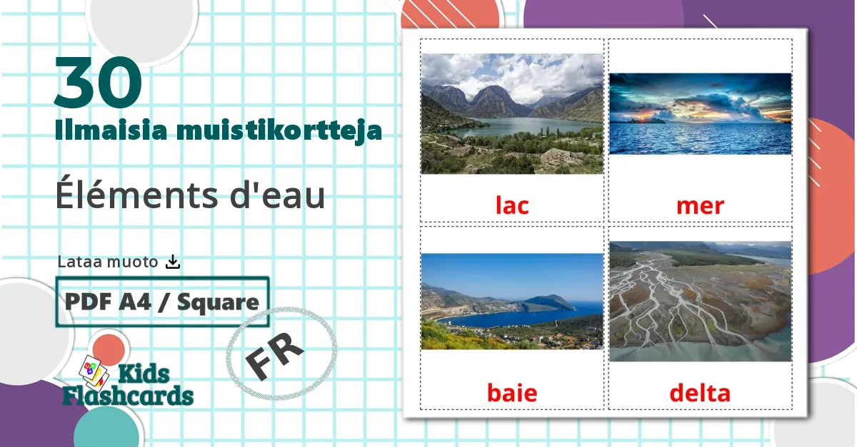 30 Éléments d'eau lasten kuvakortit