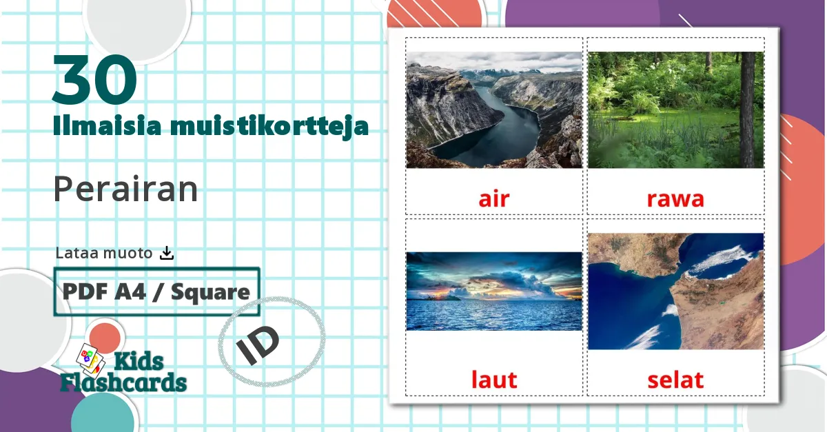 30 Perairan lasten kuvakortit
