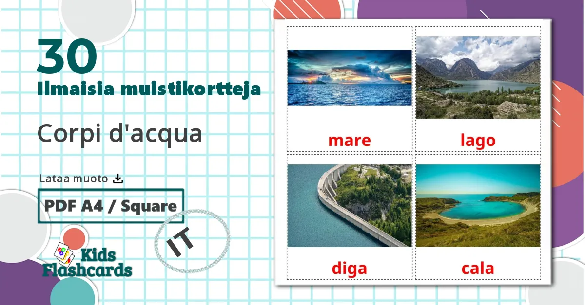30 Corpi d'acqua lasten kuvakortit