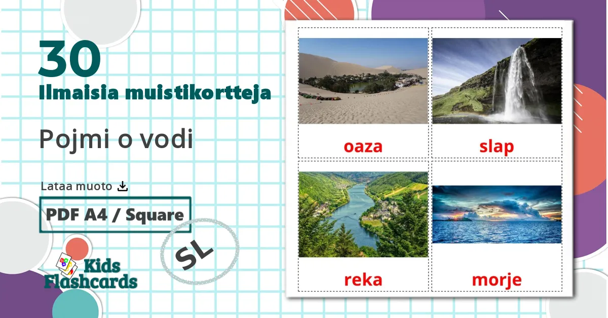 30 Pojmi o vodi lasten kuvakortit