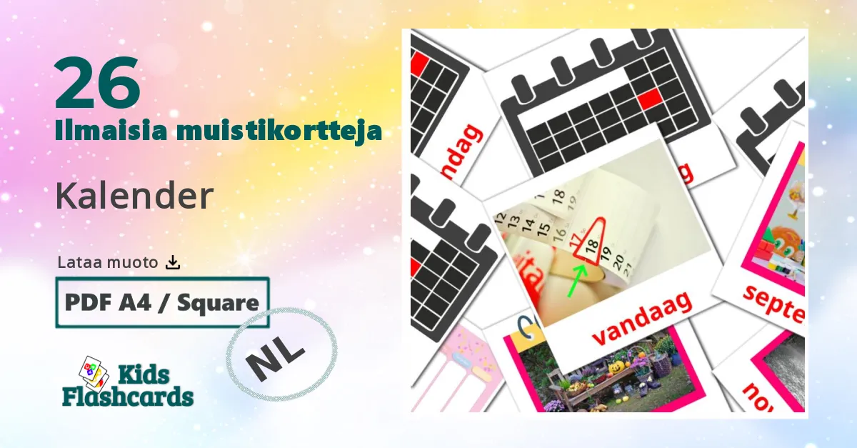 Kalender – lasten kuvakortit hollanninksi sanastoon