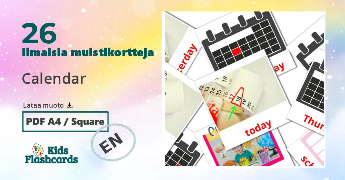 Calendar – lasten kuvakortit englantiksi sanastoon