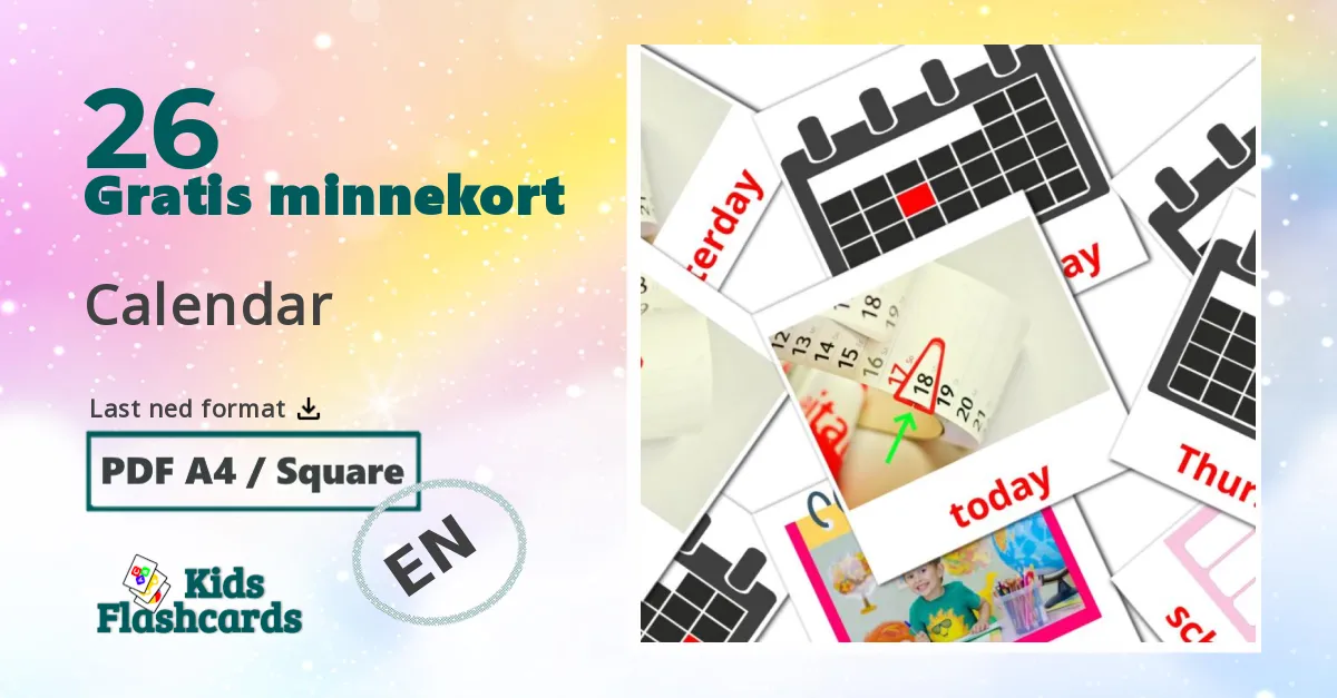 Calendar bildekort for barn på engelsk