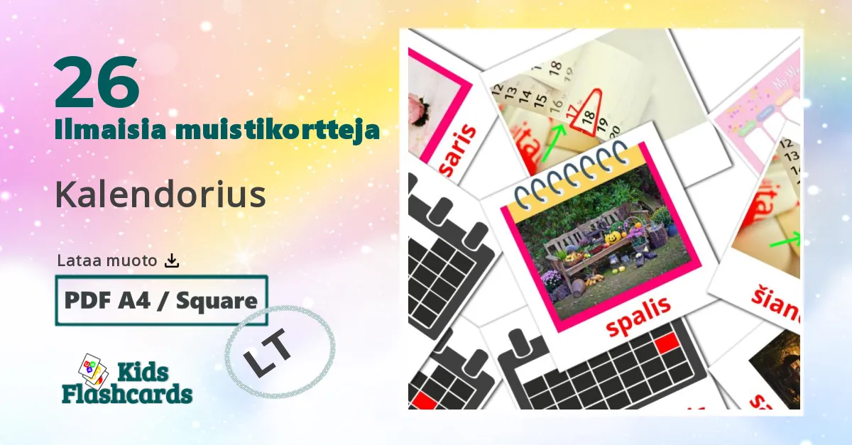 Kalendorius – lasten kuvakortit liettuanksi sanastoon