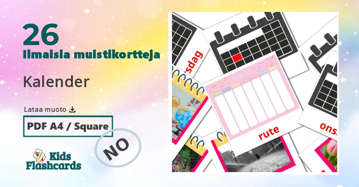 Kalender – lasten kuvakortit norjanksi sanastoon