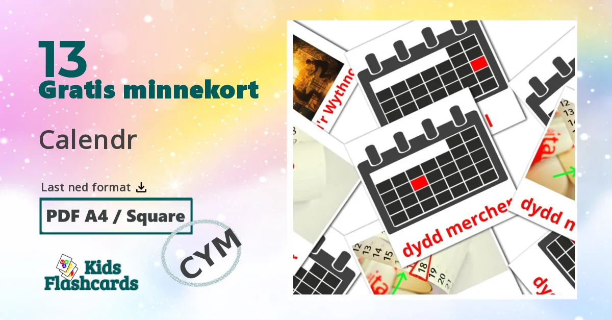 Calendr bildekort for barn på walisisk