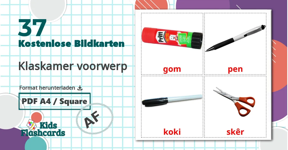 Objekte im Klassenzimmer - Afrikaans Vokabelkarten