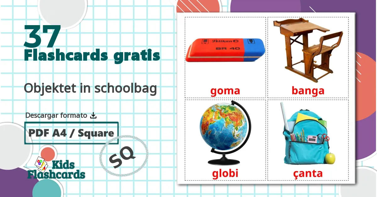 37 tarjetas didacticas de Objektet in schoolbag