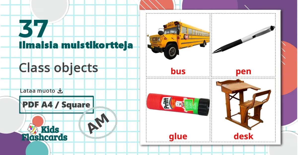 37 Luokkahuoneen esineet lasten kuvakortit