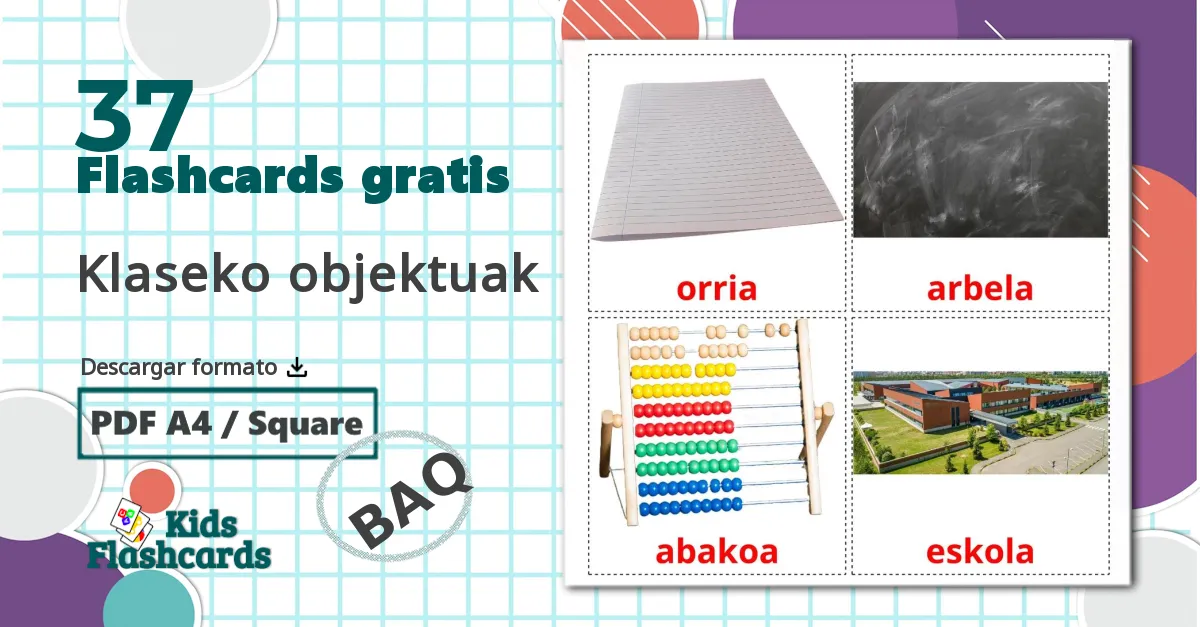 37 tarjetas didacticas de Klaseko objektuak